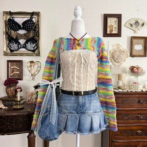 Quirky whimsical weird girl funky rainbow colored flare sleeve cropped knit bole